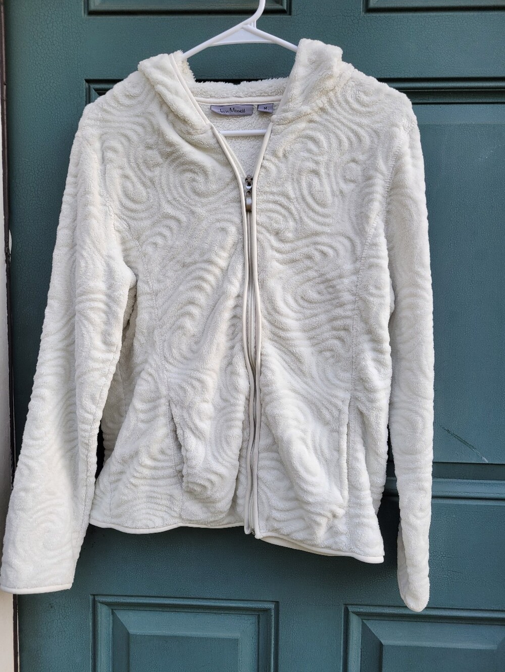 Jason Maxwell Women's M Ivory Embossed Plush Fleece Full Zip Hooded Jacket